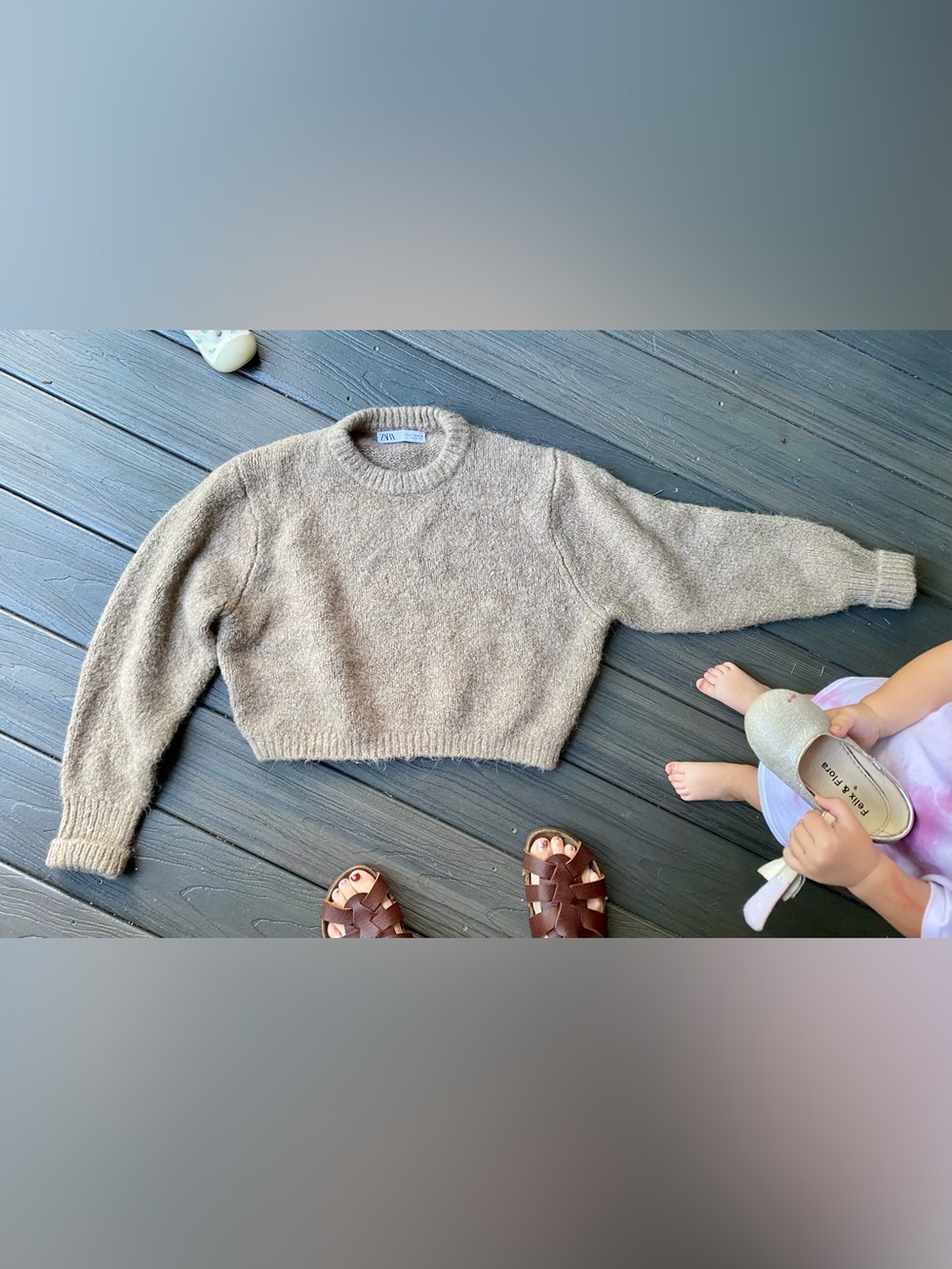 Zara Taupe Crewneck Cropped Knit Sweater
